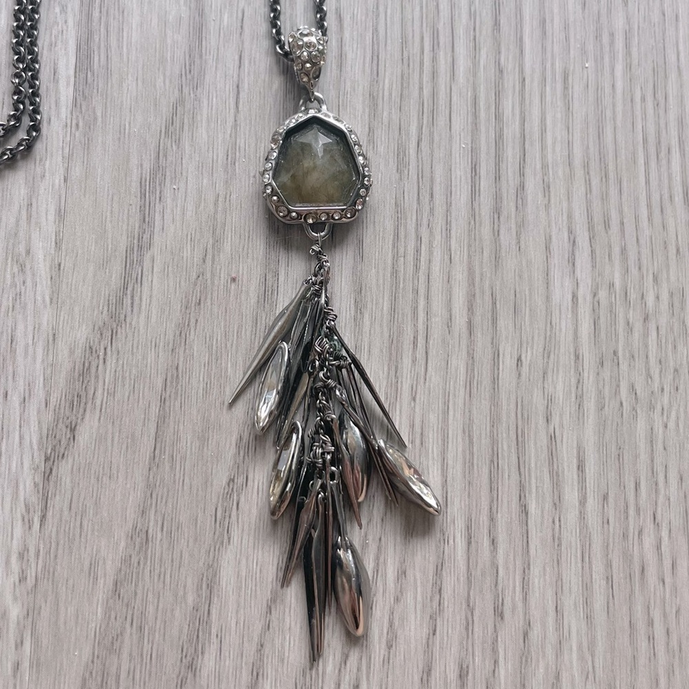 Alexis Bittar Gunmetal Swarovski Crystal Pendant Necklace Smoky Quartz Pewter